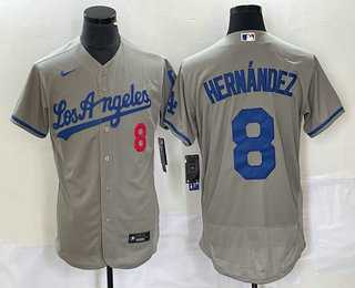 Mens Los Angeles Dodgers #8 Kike Hernandez Number Grey Stitched Flex Base Nike Jersey